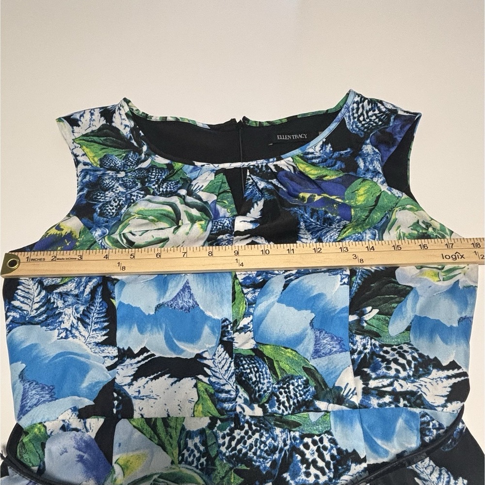 Ellen Tracy Size 6 Blue Green Floral Sheath Dress Sleeveless Belted Lined - Picture 7 of 9